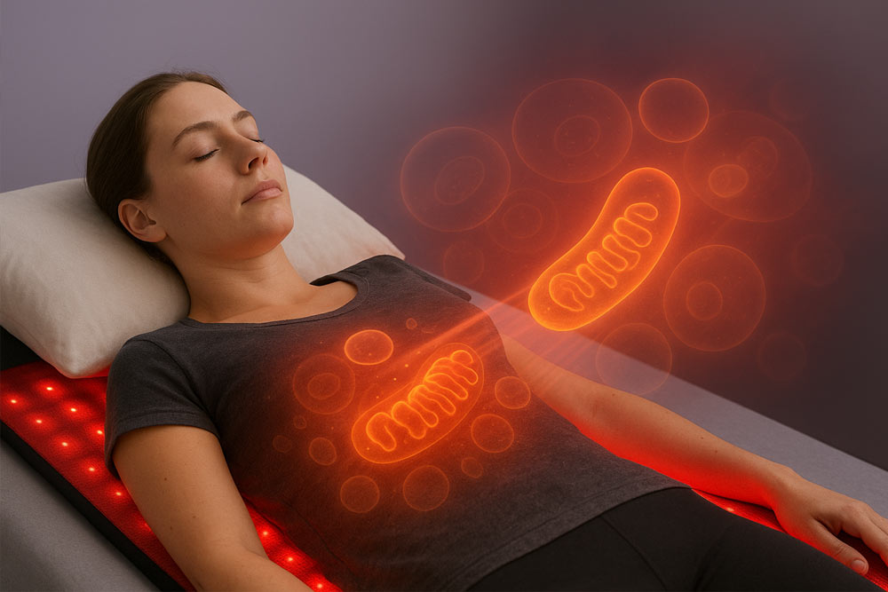 woman laying on a red light therapy mat while her mitochondria is energized