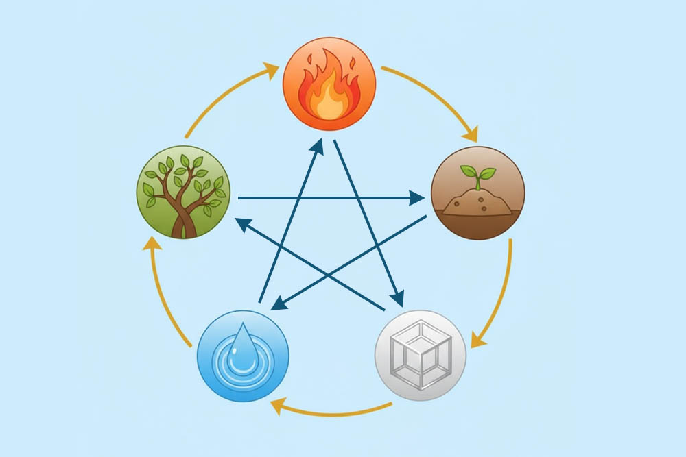 Five Elements cycle diagram showing Wood, Fire, Earth, Metal, and Water interconnected in Traditional Chinese Medicine